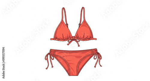 Coral Bikini with Ruffled Edges and Tie Details.