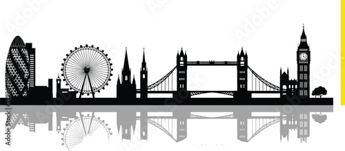 London skyline silhouette with Big Ben, Tower Bridge, London Eye and modern city buildings reflection vector illustration