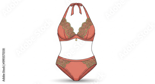 Elegant Coral Bikini With Leopard Print Accents.