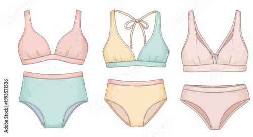 Three sets of womens bikini swimwear in pastel colors.