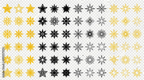 A collection of various snowflakes in different colors and designs on a transparent background