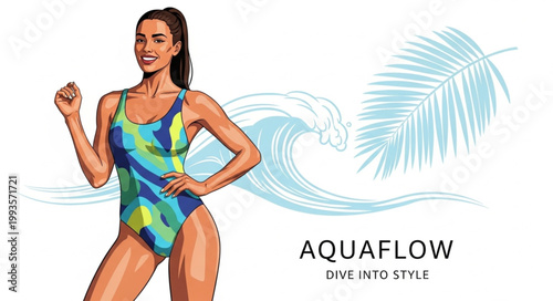 Woman in a colorful swimsuit posing confidently by the water.