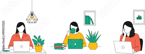 Set of Women Working from Home with Laptops, Plants, and Coffee for Remote Work, Office, and Productivity Designs, Vector Art