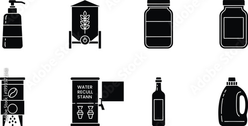 Black silhouette icons of various household cleaning and dispensing products
