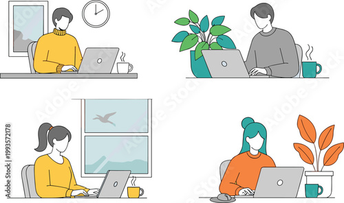 Set of People Working Remotely from Home with Laptops, Coffee, Plants, and Natural Views for Productivity and Comfort, Vector Design