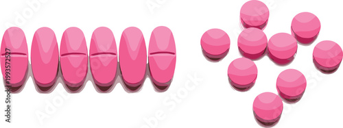 Pink medicine pills and tablets illustration set with pharmaceutical capsules and round tablets medical healthcare vector collection
