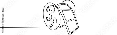 A vintage film reel attached to an old-fashioned movie projector ready for a classic show. Vector