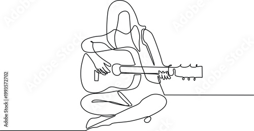 A person sitting cross-legged while playing an acoustic guitar in a relaxed pose. Vector