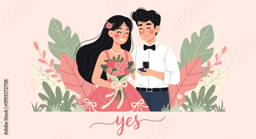 Happy Couple Engagement Proposal with Ring and Flowers.