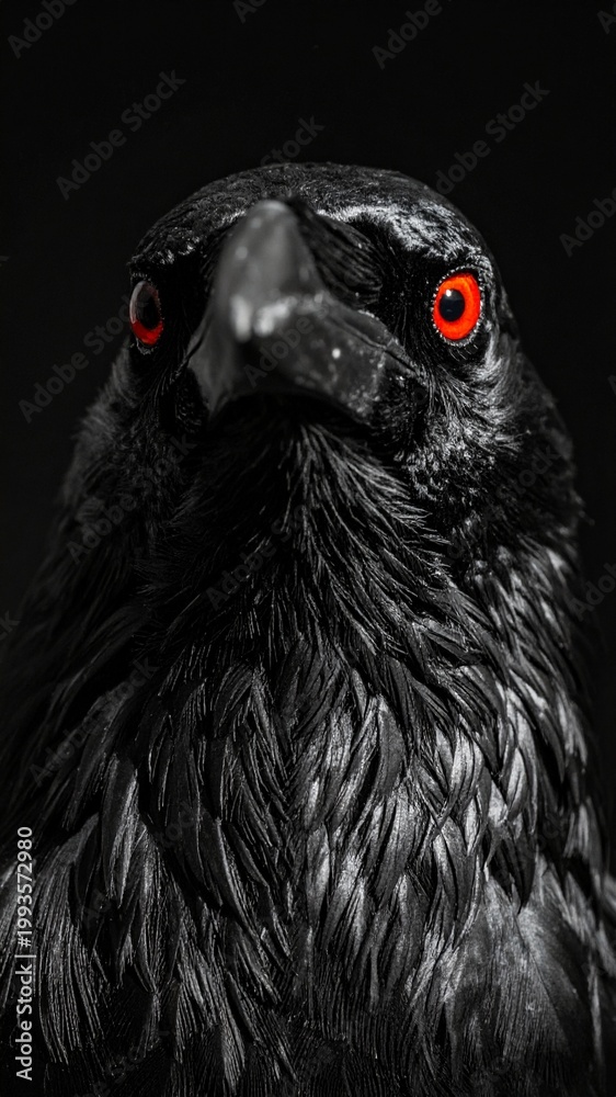 Fototapeta premium Dramatic Close-Up Portrait of a Black Crow with Intense Red Eyes