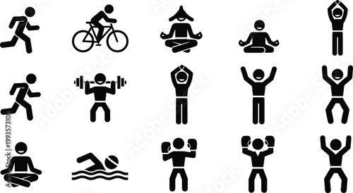 Black silhouette icons of fitness activities including running, cycling, swimming, boxing, meditation, stretching, and weightlifting exercises