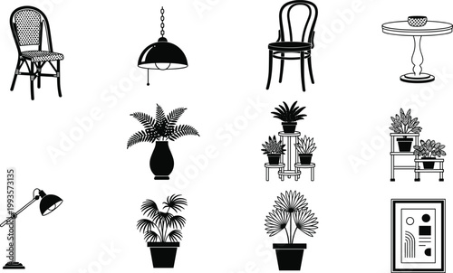 Black silhouette illustrations of home decor and furniture including chairs, lamps, plants, tables, and framed artwork design