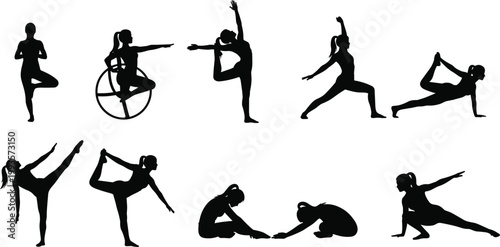 Black silhouette illustrations of yoga and stretching poses including balance, seated stretches, and dynamic extensions with fitness design