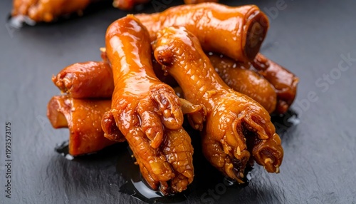 Juicy steamed chicken feet with a rich dark sauce, showcasing gelatinous texture and savory flavor