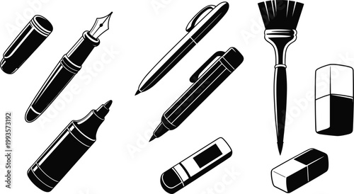 Black and white illustration of fountain pen, marker, ballpoint pen, highlighter, paintbrush, and erasers in vintage engraving style