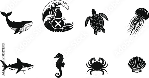 Black silhouette marine life collection whales turtles sharks and other sea creatures