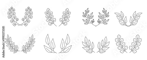 Set of black line botanical wreaths and branch illustrations arranged in two rows on a white background varied leaves. Laurel wreath. Vector illustration