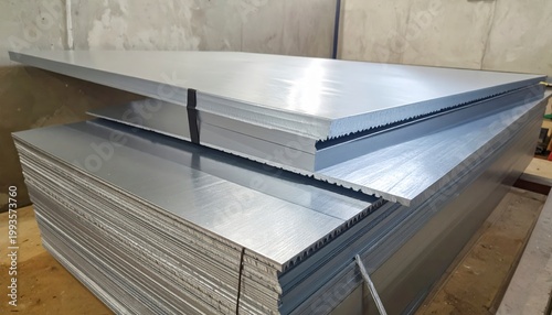 Stacked brushed aluminum sheets with sharp edges showcasing industrial material texture
