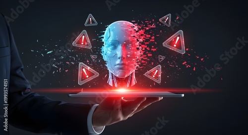 Businessman holding tablet with fragmented digital human face and warning icons, AI security risk