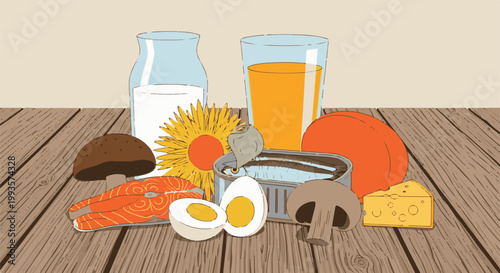 Colorful still life of healthy foods and drinks on a wooden table