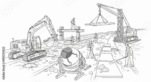 Construction workers and heavy machinery on a worksite