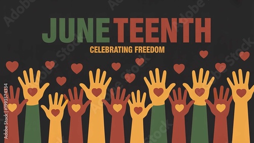A vibrant illustration celebrating Juneteenth with diverse hands and hearts