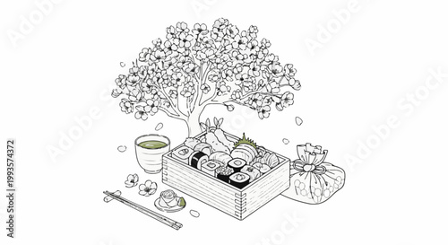Cherry blossoms frame a delicious sushi bento box, tea cup, and gift