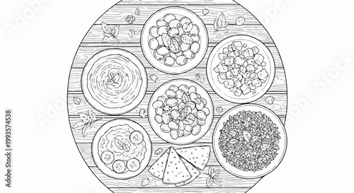 A circular arrangement of six small plates with food and three folded crepes on wood