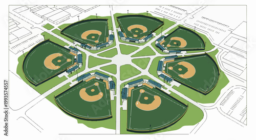 Aerial view of a sports complex featuring multiple baseball fields arranged radially