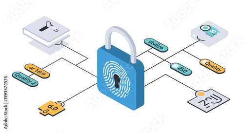 Digital security concept with padlock and icons on connections