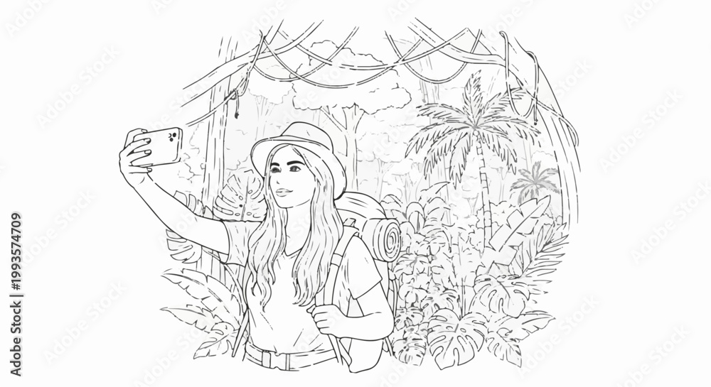 Obraz premium A person with a backpack and hat taking a selfie in a lush jungle