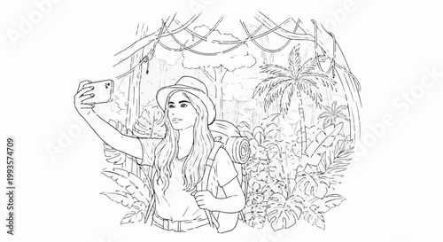 A person with a backpack and hat taking a selfie in a lush jungle