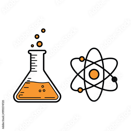A simple illustration depicting a chemistry flask and an atomic model with orbiting electrons
