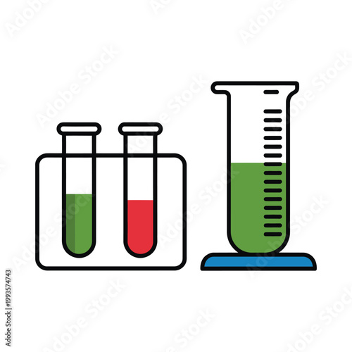 Colorful laboratory glassware illustration featuring test tubes and a graduated cylinder
