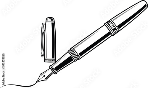 Detailed black and white illustration of elegant fountain pen with cap and nib drawing curved line in vintage engraving style