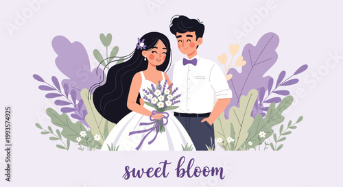 Happy Newlywed Couple Celebrating Wedding Day with Floral Bouquet.