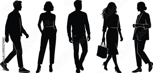 Silhouettes of people walking in a line on white background