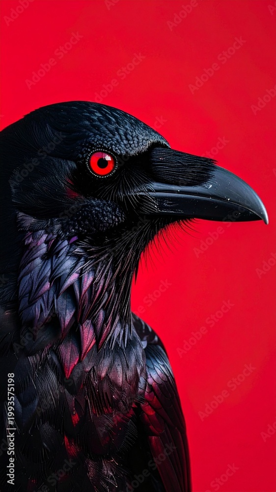 Fototapeta premium Majestic Black Raven with Striking Red Eye against a Vibrant Red Background