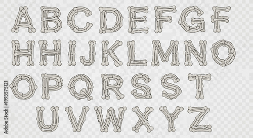 Alphabet characters formed from bone pieces on a gray checkered background