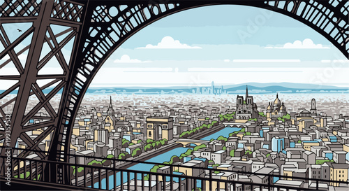 Pixelated cityscape view from Eiffel Tower, showing landmarks and river