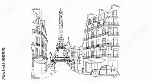 Parisian street scene with iconic tower and vintage car