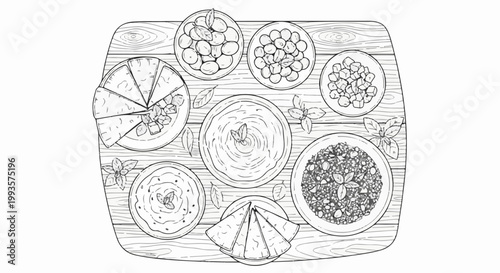 Overhead view of a wooden board filled with various small dishes of food