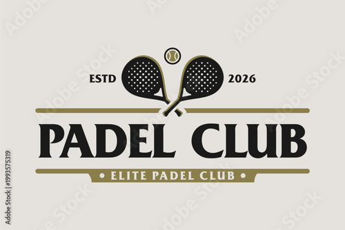 Illustration vector of vintage padel club logo with crossed racquets and ball, retro stamp badge style suitable for padel tournament, elite padel club identity and padel tennis sports branding design