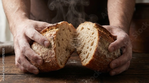 Hands pulling apart freshly baked rustic bread with steam