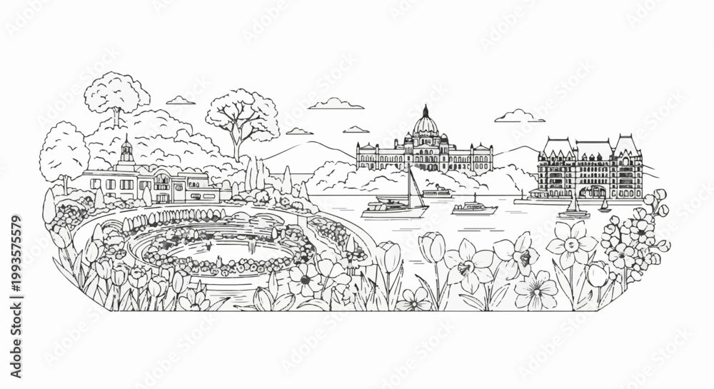 Fototapeta premium Idyllic sketch of a waterfront with ornate buildings, yachts, and blooming flowers