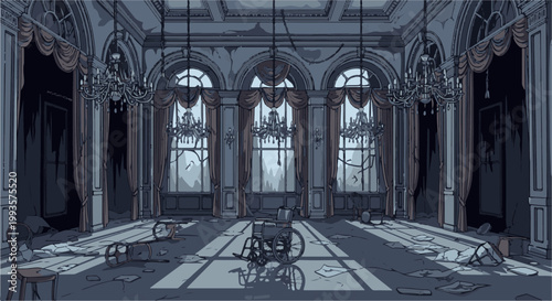 Eerie pixel art of a grand hall in disrepair with chandeliers