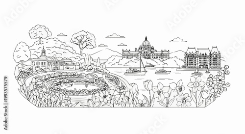 Idyllic sketch of a waterfront with ornate buildings, yachts, and blooming flowers
