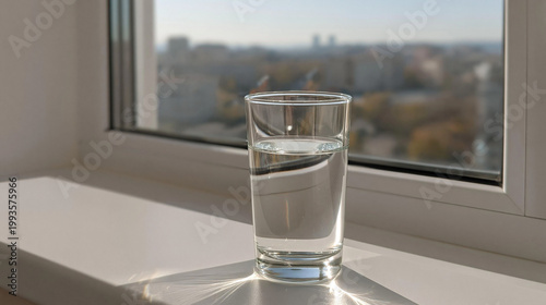 Glass of water sits on a windowsill during a sunny afternoon, providing a refreshing visual element that highlights the clarity of the liquid against the blurred urban architectural backdrop.