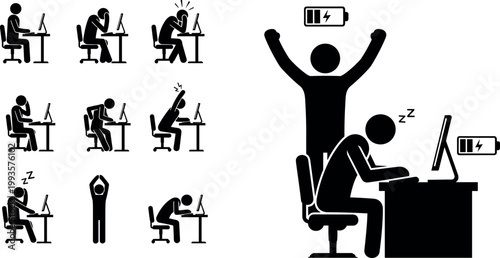 Office Worker Stick Figure Icon Set Depicting Professional Burnout Tiredness Stress Low Battery Energy Levels and Productivity Success for Corporate Wellness and Human ResourcesOffice Worker Stick Fig