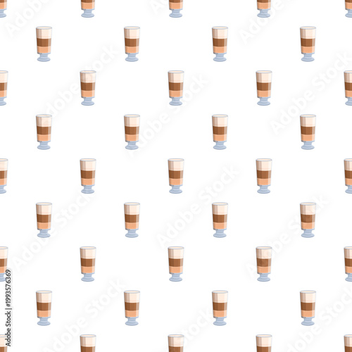 Latte macchiato glasses arranged in a repeating pattern against a white background
